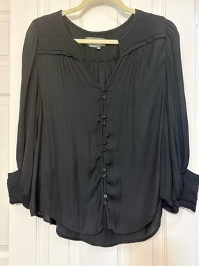 Anthropologie Cacee Jacquard Black Button Front Smocked Yoke Blouse Peasant Sz M